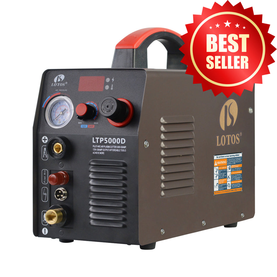LOTOS LTP5000D Plasma Cutter, 50 Amp Non-Touch Pilot Arc Plasma Cutter Machine, 5/8 inch Clean Cut 3/4 inch Severance Cut, Dual Voltage 110/120V or 220/240V, Brown